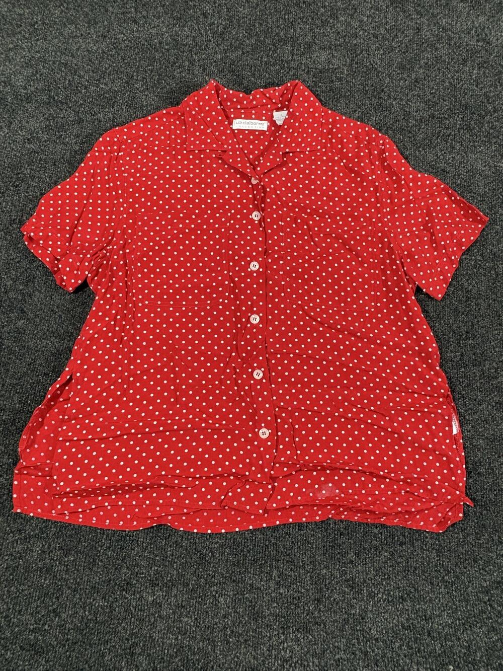 Liz Claiborne Collection Blouse Womens 6 Red Polka Dot Short Sleeve Button Up